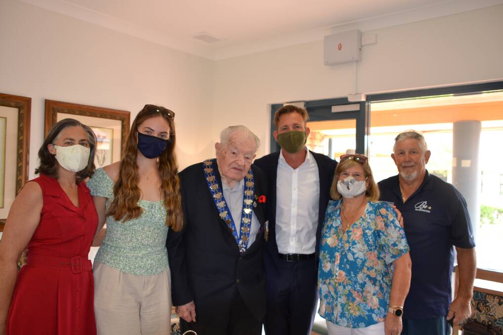 FAMILY: Michelle Porteous (daughter-in-law), Hannah Porteous (granddaughter), Bob Porteous, Mayor Rhys Williams, Susan Martin (daughter) and Robert Martin (son-in-law). Photo: Sophia Holl.