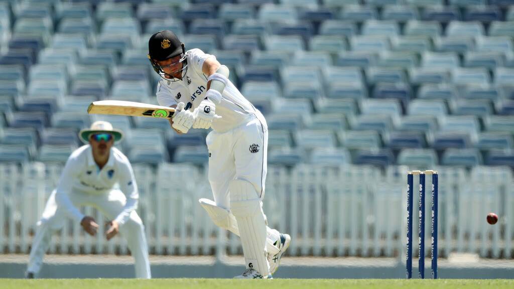 Mandurah teenager Teague Wyllie plays the ball of his pads on his way to becoming the youngest West Australian to score a Sheffield Shield hundred against NSW on October 4. Picture by Western Australian Cricket Association.