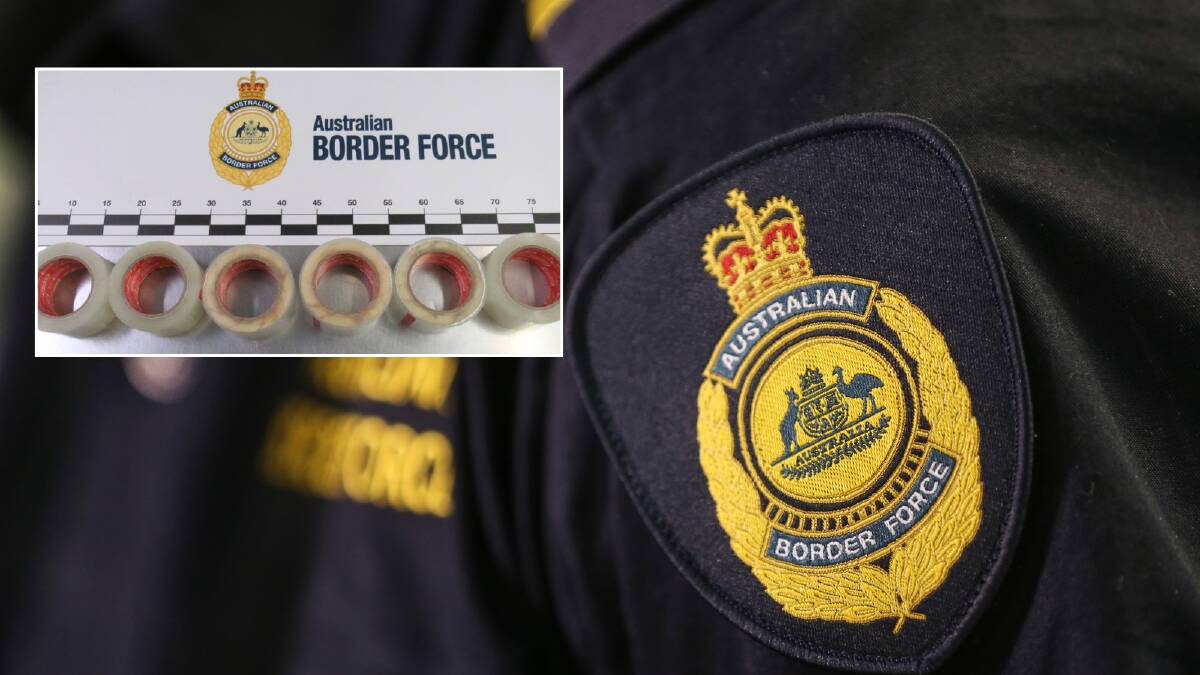 Border Force officer (main picture) and rolls of tape allegedly hiding pseudoephedrine. Picture Marina Neil/supplied