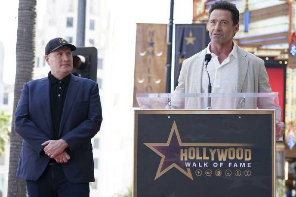 Hugh Jackman spoke as studio boss Kevin Feige was inducted onto the Hollywood Walk of Fame. Photo: AP PHOTO
