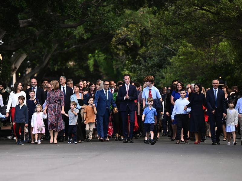 The new Labor government of NSW arrives with a large group of extended family and children in tow. (Dan Himbrechts/AAP PHOTOS)